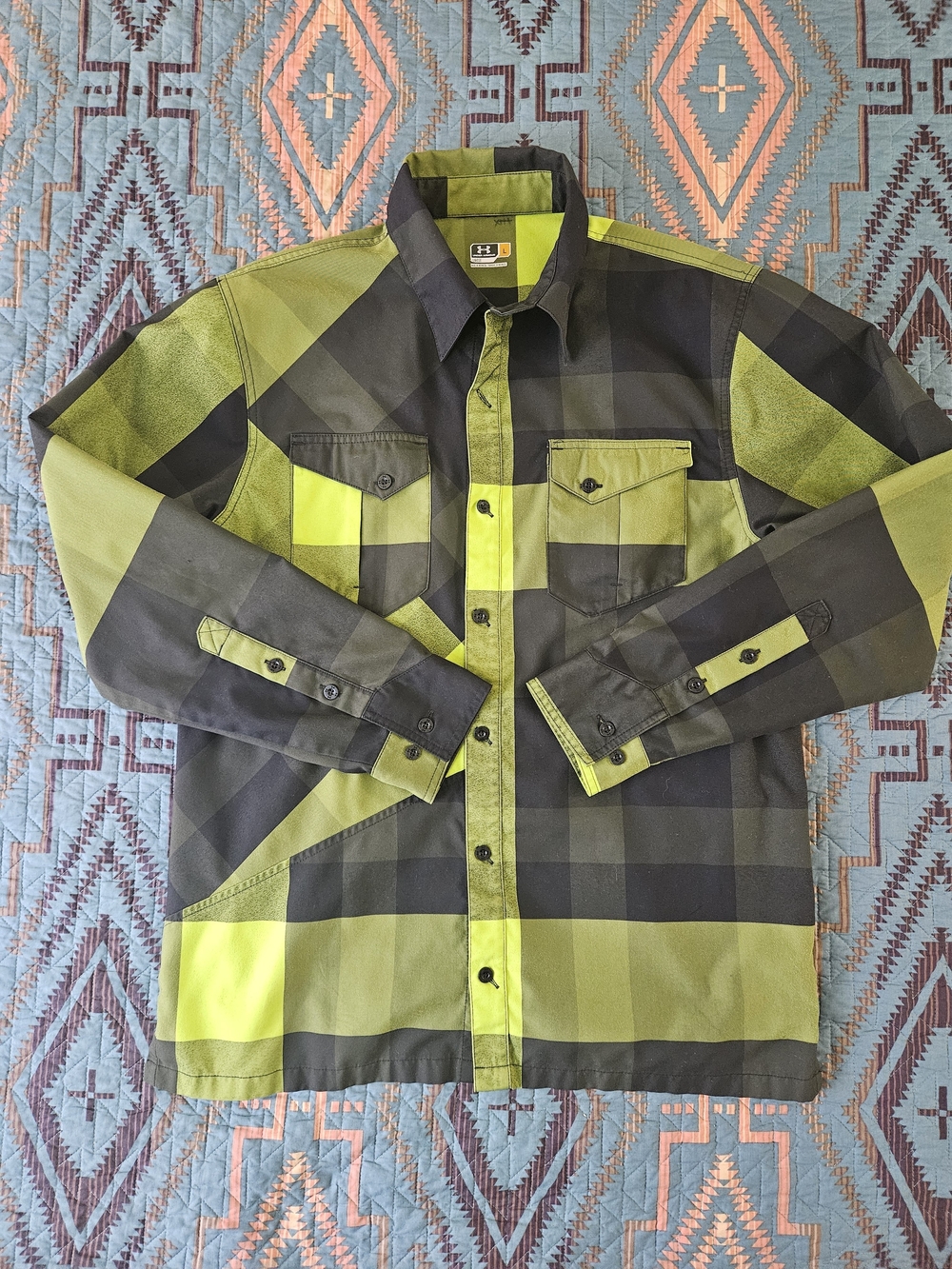 Under Armour Black and Lime Plaid Button-Up Shirt